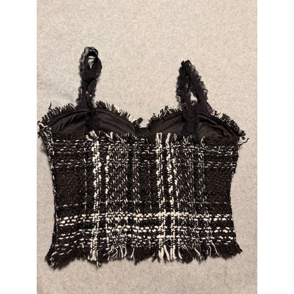 Black White Plaid Tweed Two Piece Set Lace Strap Bustier Top and Mini Skirt